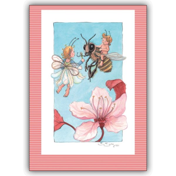 Romantische illustrierte Grußkarte: Der Tanz der Blumenfeen als Geburtstagskarte