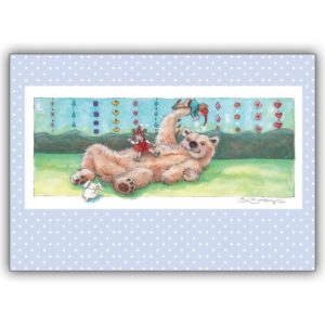 Süße illustrierte Kinder Grußkarte: Der spielende Bär als Geburtstagskarte