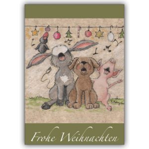 Süße Weihnachtskarte mit tierischem Weihnachtschor: Frohe Weihnachten