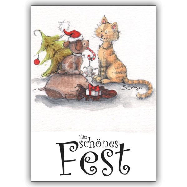 Süße Weihnachtskarte mit Katz und Hund, die ein frohes Fest wünschen