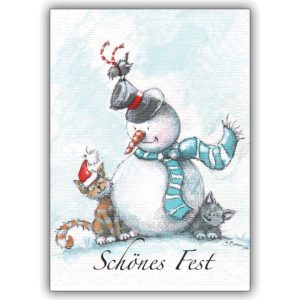 Niedliche Weihnachtskarte mit Schneemann und Katze, die ein schönes Fest wünschen.