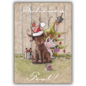Schöne illustrierte Weihnachtskarte, auf der Hund und Schweinchen ein frohes Fest wünschen