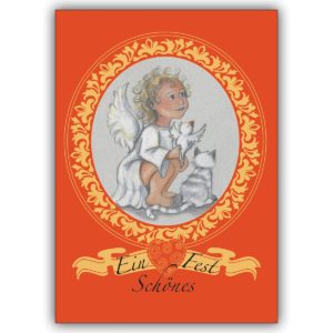 Süße Weihnachtskarte: Ein schönes Fest wünscht dieser niedliche blonde Engel, auf rot