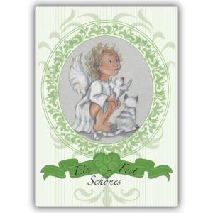 Süße Weihnachtskarte: Ein schönes Fest wünscht dieser blonde Engel, grün