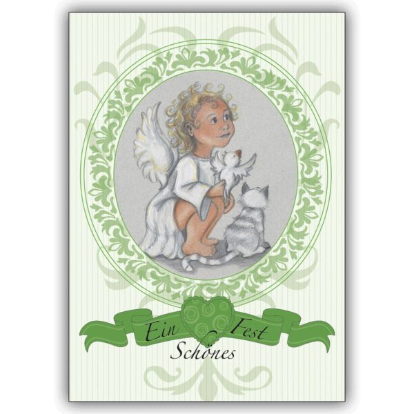 Süße Weihnachtskarte: Ein schönes Fest wünscht dieser blonde Engel, grün