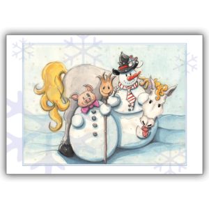 Lustige Weihnachtskarte mit Schneemann, Schweinchen und Pferd im Schnee