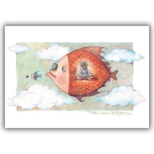 Künstlerische Märchen Kinderkarte mit fliegenden Fischen