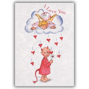 Romantische Liebeskarte mit Engelchen und Teufelchen: I love you