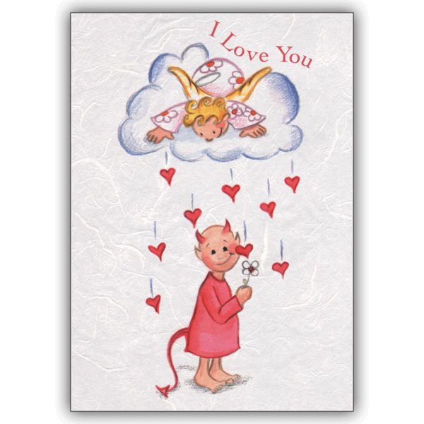 Romantische Liebeskarte mit Engelchen und Teufelchen: I love you