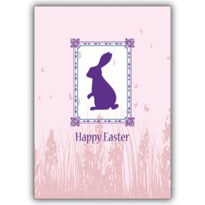 Süße Oster Grußkarte in rosa mit kleinem Hasen in lila: Happy Easter