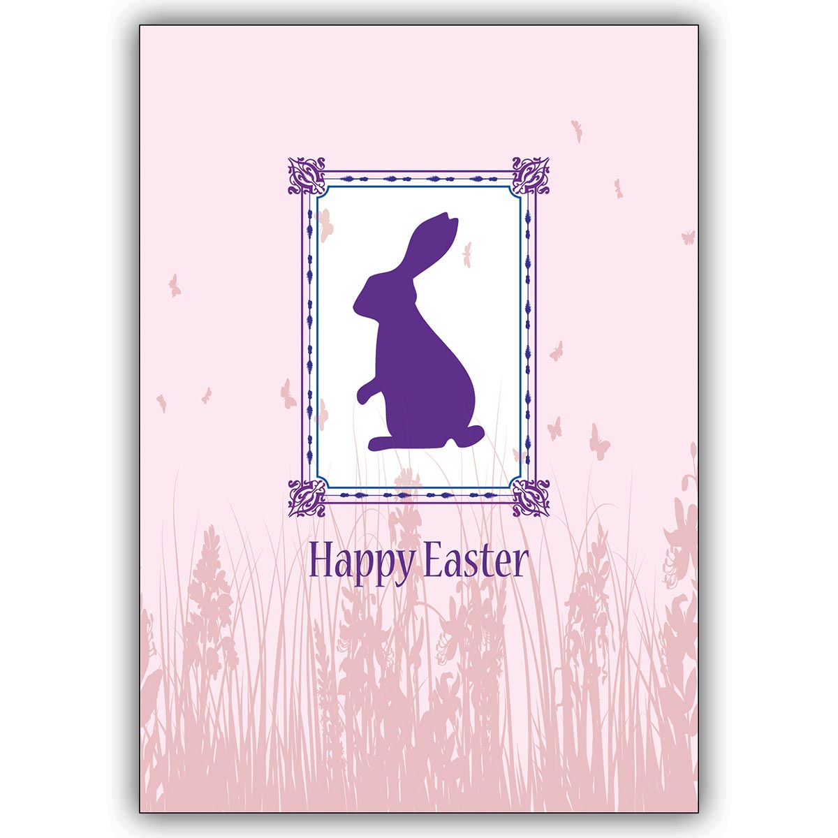 Süße Oster Grußkarte in rosa mit kleinem Hasen in lila: Happy Easter