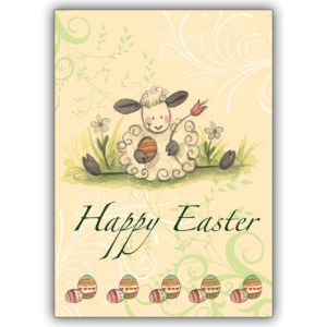 Süße illustrierte Osterkarte mit Osterlamm und Ostereiern: Happy Easter