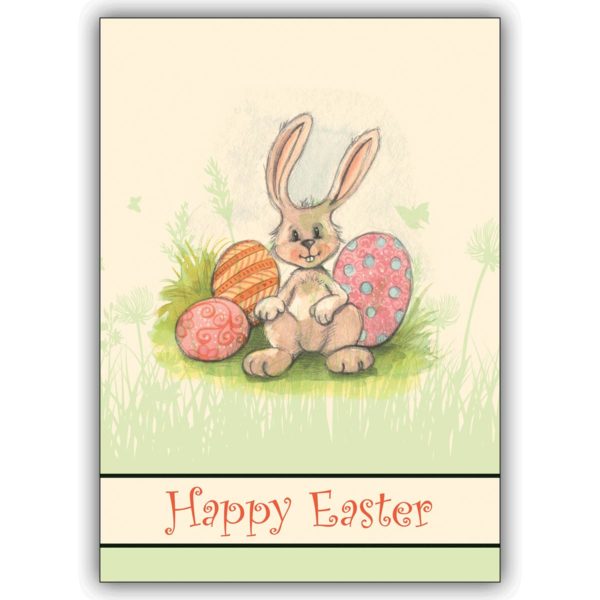 Niedliche Osterkarte mit Oster Häschen zwischen bunten Ostereiern: Happy Easter