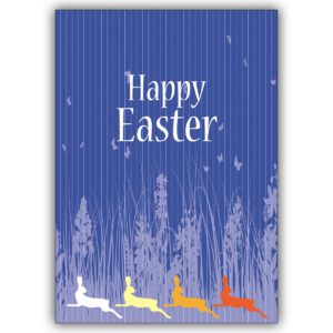 Edle Osterkarte mit bunten Osterhasen: Happy Easter