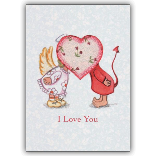 Romantische Valentinskarte mit Engelchen und Teufelchen hinter Herz: I love you