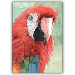 Wunderschöne Grußkarte mit illustriertem Ara, Papagei