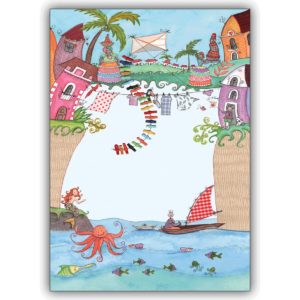 Bunte Grußkarte mit karibischer Sonne, Sand und Meer