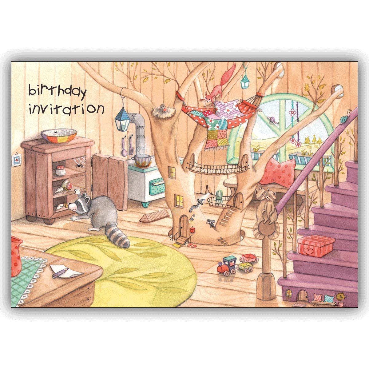 Süße Kinder Geburtstags Einladungskarte vom Waschbären: Birthday Invitation