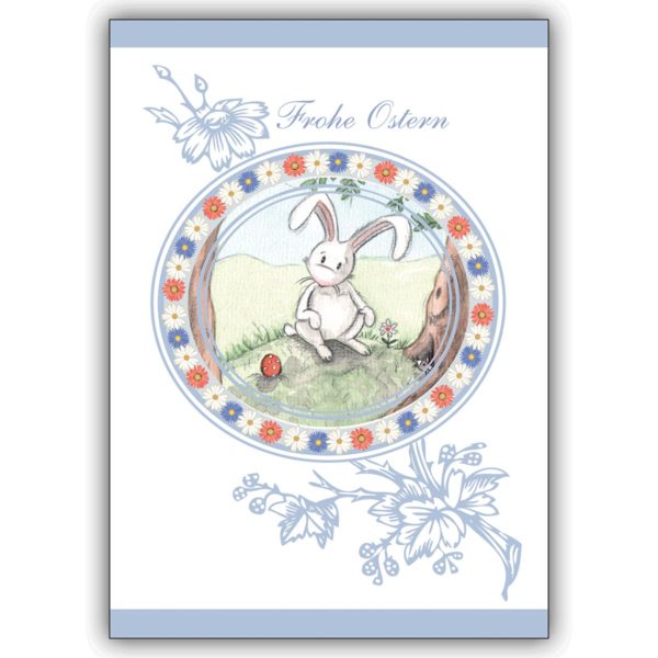 Zarte Osterkarte mit Hase im Blümchenkranz: Frohe Ostern