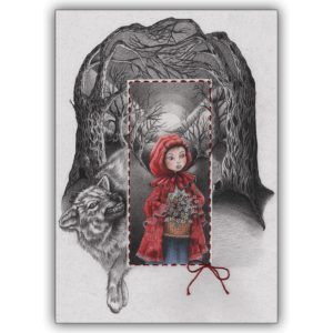 illustrierte Kinderkarte mit Rotkäppchen und dem Wolf