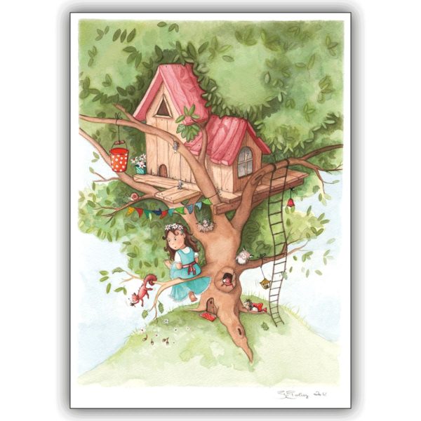Niedliche illustrierte Kinderkarte mit kleinem Mädchen im Baumhaus