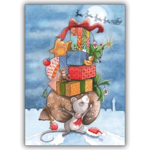 Wunderschöne Weihnachtskarte mit Maus unter einem Berg von Geschenken