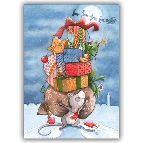 Wunderschöne Weihnachtskarte mit Maus unter einem Berg von Geschenken