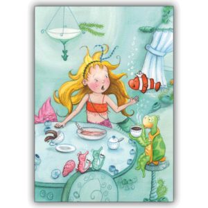 Hinreißende Kinderkarte mit kleiner Meerjungfrau beim Tee mit ihren Freunden