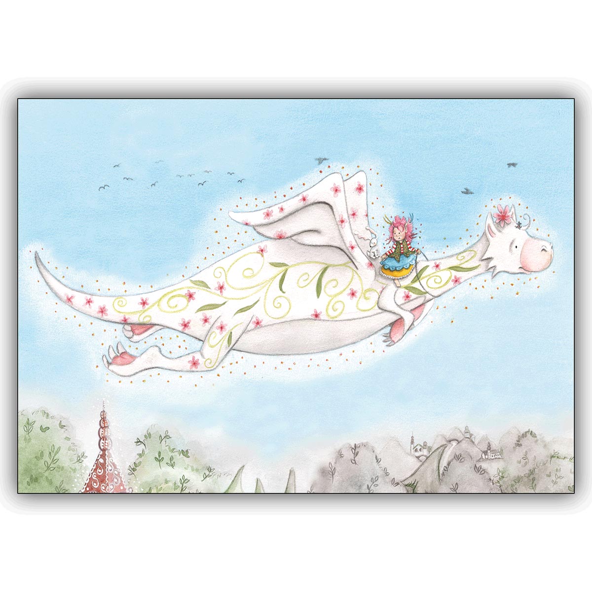 Wunderschöne Kinderkarte mit kleiner Elfin auf fliegendem Zauberdrachen
