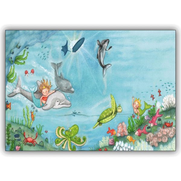 Niedliche Kinderkarte mit kleiner Seejungfrau beim Spielen mit Freunden