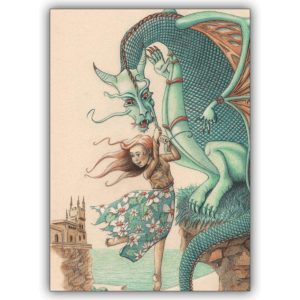 Tolle Geschenk Grusskarte für coole Mädchen mit Drachen