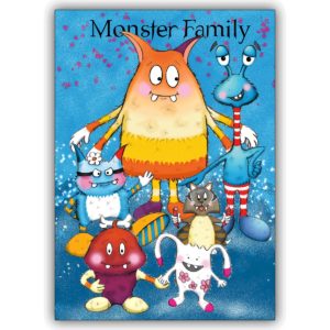 Lustige Familien Grusskarte mit der gesamten Monster Family