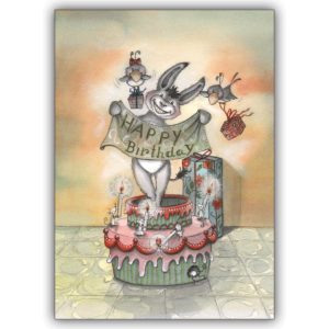 Lustige Geburtstagskarte mit Esel, der aus der Torte springt: Happy Birthday