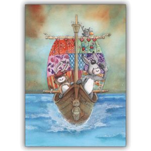 Fröhliche maritime Kinderkarte mit Eseln im Segelboot