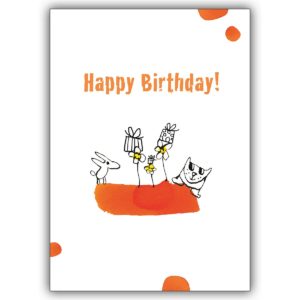 Lustige Geburtstagskarte mit Hund, Katze und vielen Geschenken: Happy Birthday