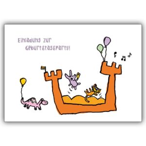 Tolle Einladungskarte zum Kindergeburtstag mit Katze, Maus und Dino auf der Hüpfburg