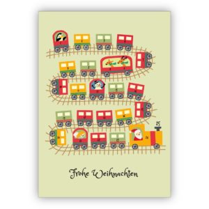 Lustige Weihnachtskarte mit Weihnachts Eisenbahn und Weihnachtsmann in der Lokomotive: Frohe Weihnachten