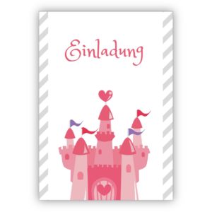 Süße Einladungskarte für kleine Prinzessinnen mit Herz Schloss: Einladung