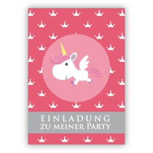 Süße rosa Einladungskarte für kleine Prinzessinnen mit Einhorn und Kronen: Einladung zu meiner Party
