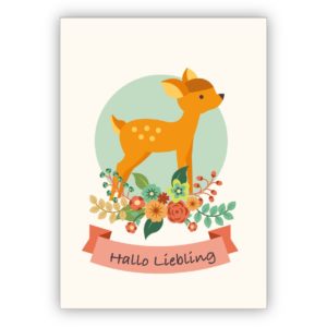 Liebevolle Retro Grußkarte mit Bambi Kitz: Hallo Liebling