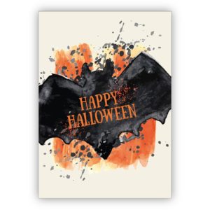 Künstlerische Grusel Grußkarte zu Halloween mit Fledermaus: Happy Halloween