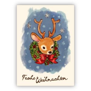 Süße 50er Jahre Retro Vintage Weihnachtskarte mit kleinem Hirsch: Frohe Weihnachten