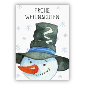 Niedliche gemalte Weihnachtskarte mit fröhlichem Schneemann: Frohe Weihnachten