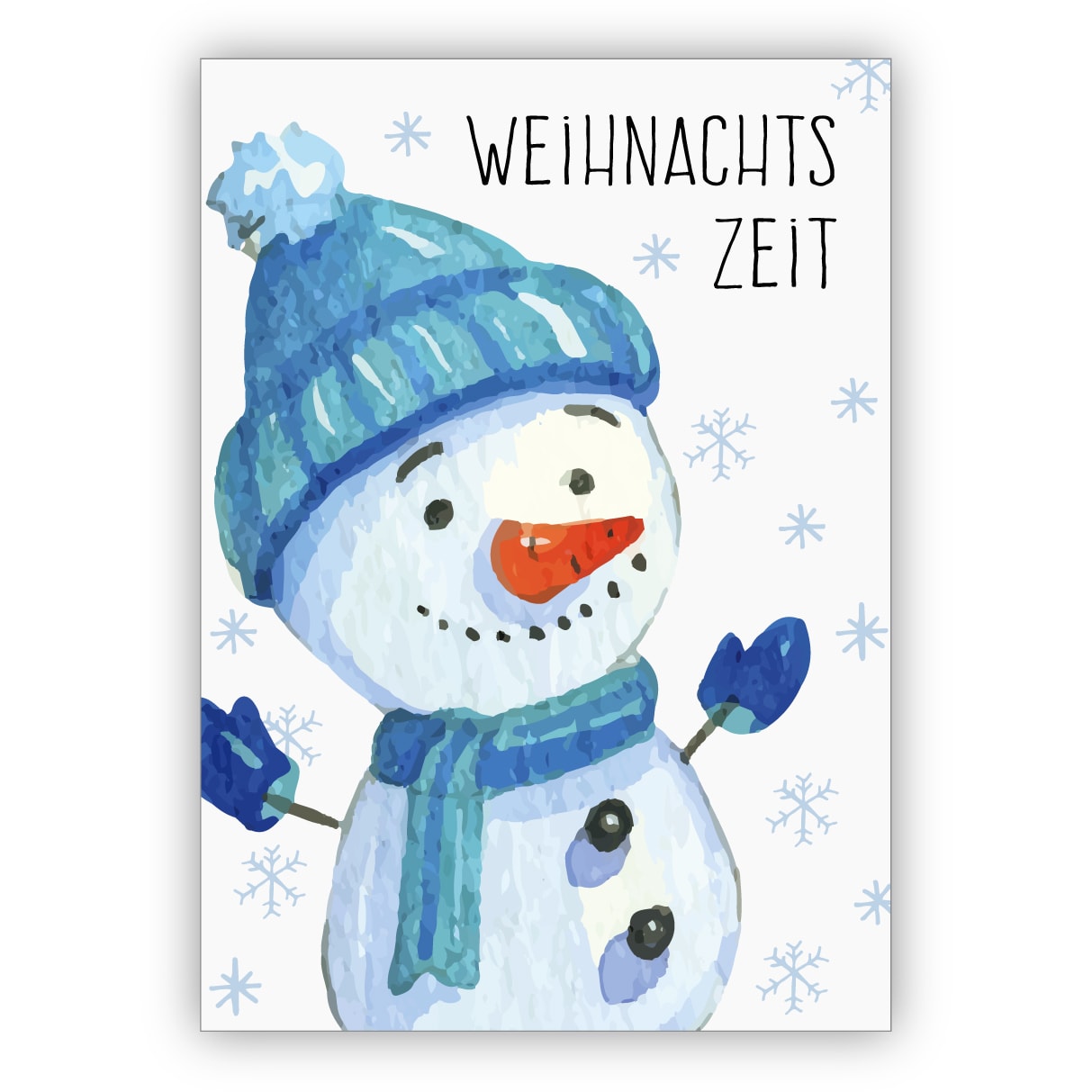 Fröhliche gemalte Winter Weihnachtskarte mit fröhlichem Schneemann: Weihnachts zeit