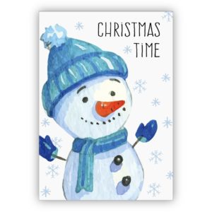 Fröhliche gemalte Winter Weihnachtskarte mit fröhlichem Schneemann: Christmas Time