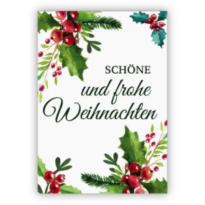 Elegante klassische Weihnachtskarte mit roten Beeren und Weihnachts Grün: schöne und frohe Weihnachten
