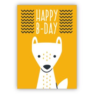 Süße gelbe Glückwunschkarte mit kleinem Retro Fuchs auch zum Geburtstag: Happy B-Day