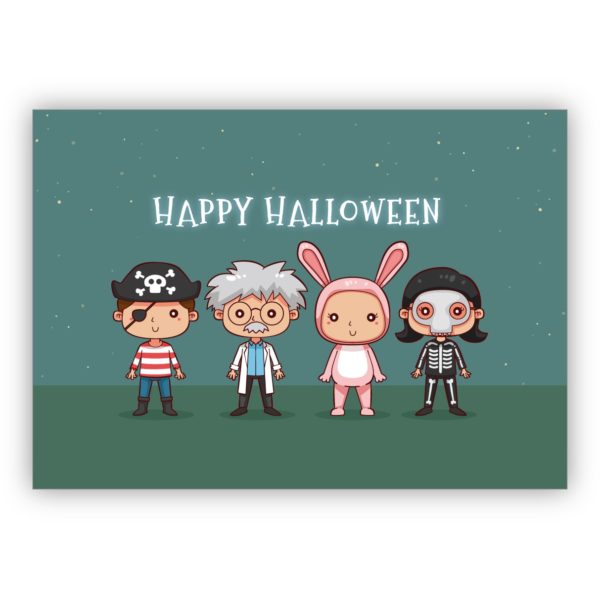 Niedliche Halloweenkarte mit verkleideten Kindern: Happy Halloween