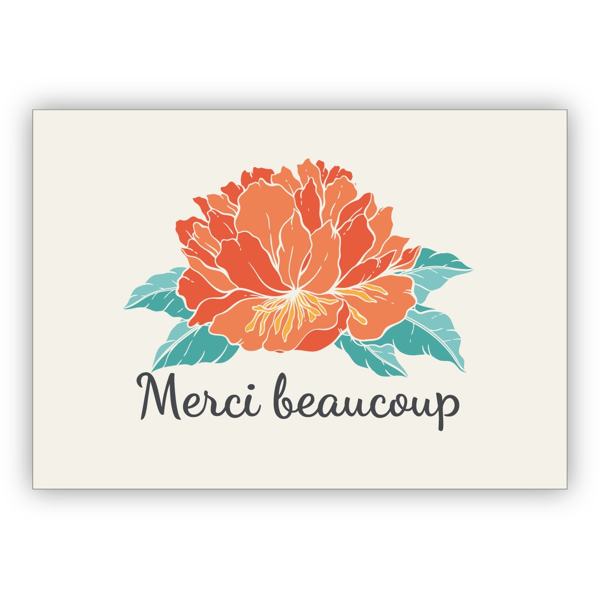 Edle französische Blumen Dankeskarte mit Hibiskusblüte, beige: Merci beaucoup