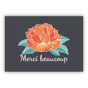 Elegante französische Blumen Dankeskarte mit Hibiskusblüte, edles grau: Merci beaucoup